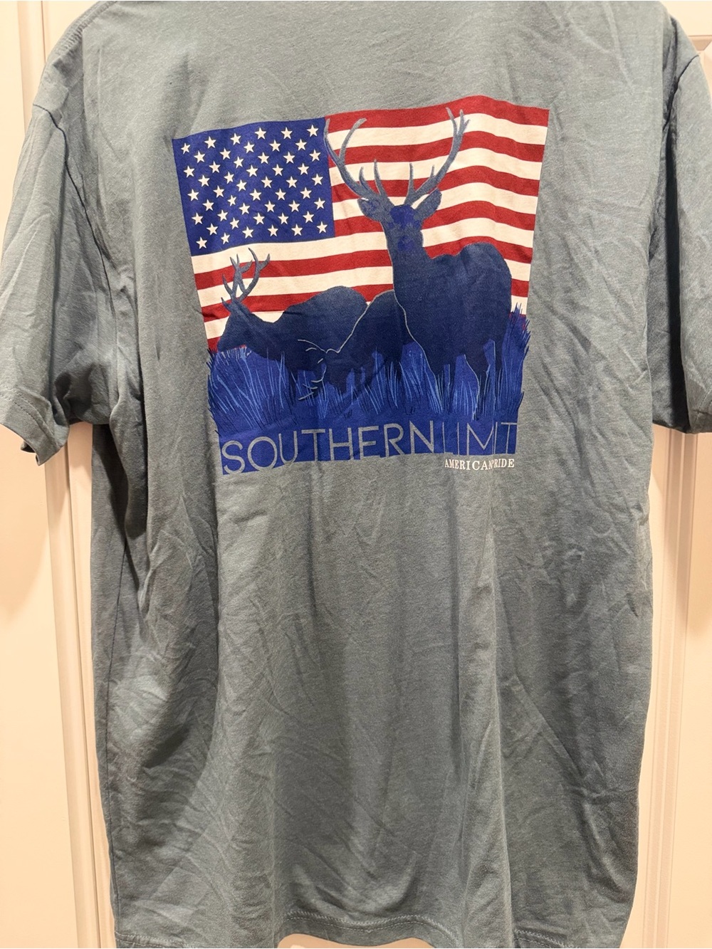Southern Limit Light Blue Tee with American Flag Deer Graphic